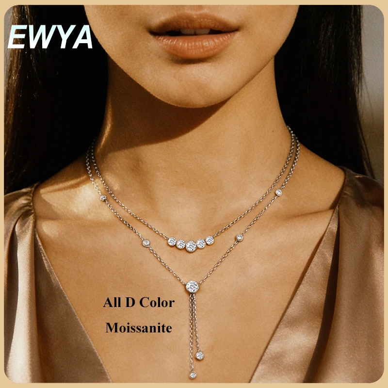 

EWYA Round Bubble Moissanite Stackable Pendant Necklace Bezel Setting Women s925 Silver Y-Style Tassel All Diamond Neck Chain