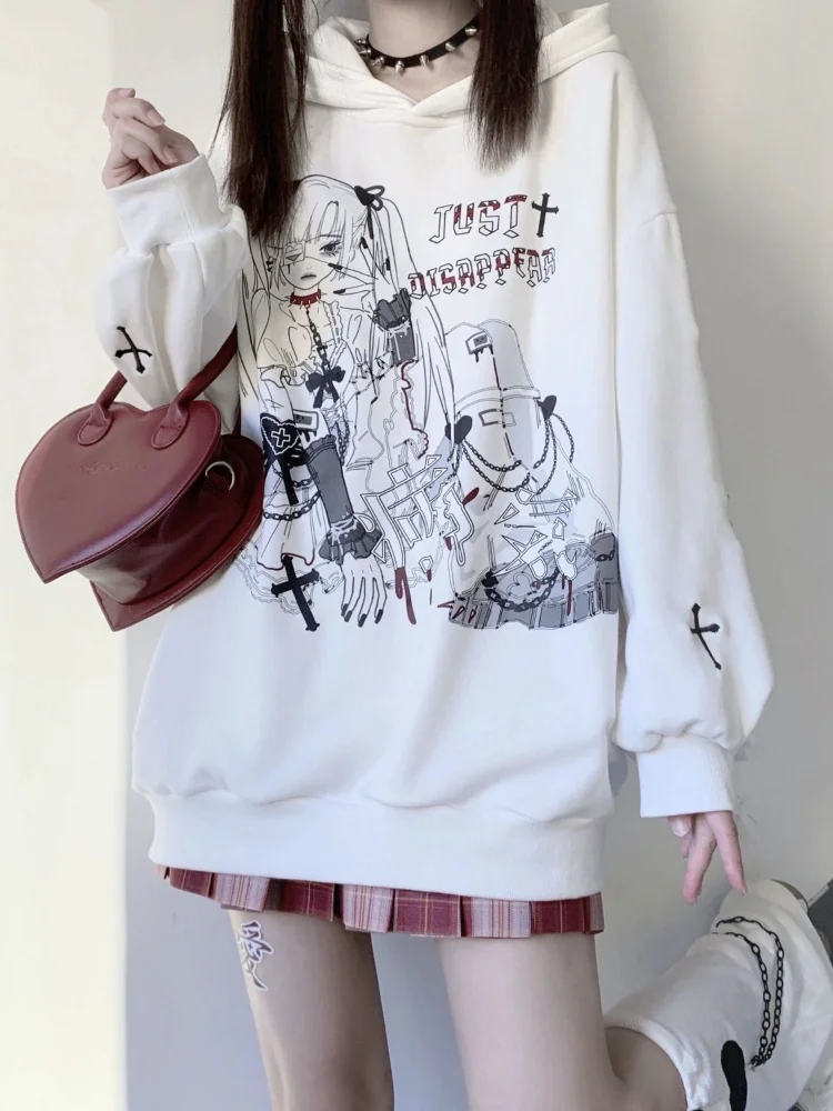 QWEEK Gothic Harajuku Anime Hoodies Women Goth Japanese Streetwear Cartoon Print Hooded Sweatshirts Black Tops 2022 Autumn Y2k