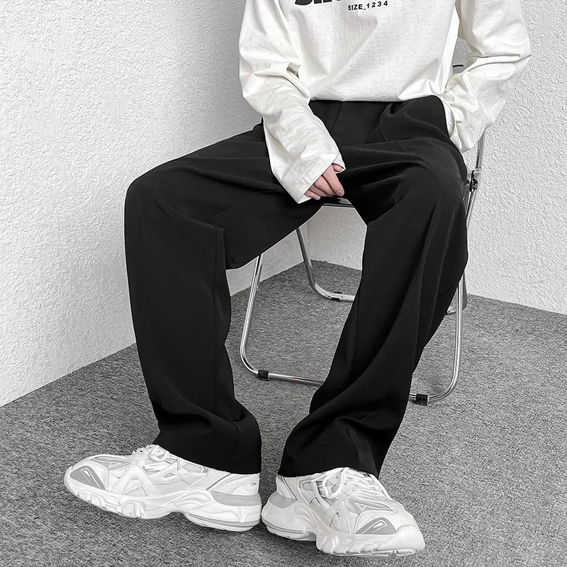 

2025 Spring Men Casual Wide Leg Full Length Pant Solid Zipper Fly Mid Waist Pockets Loose Sports Straight Spliced Flat Pants