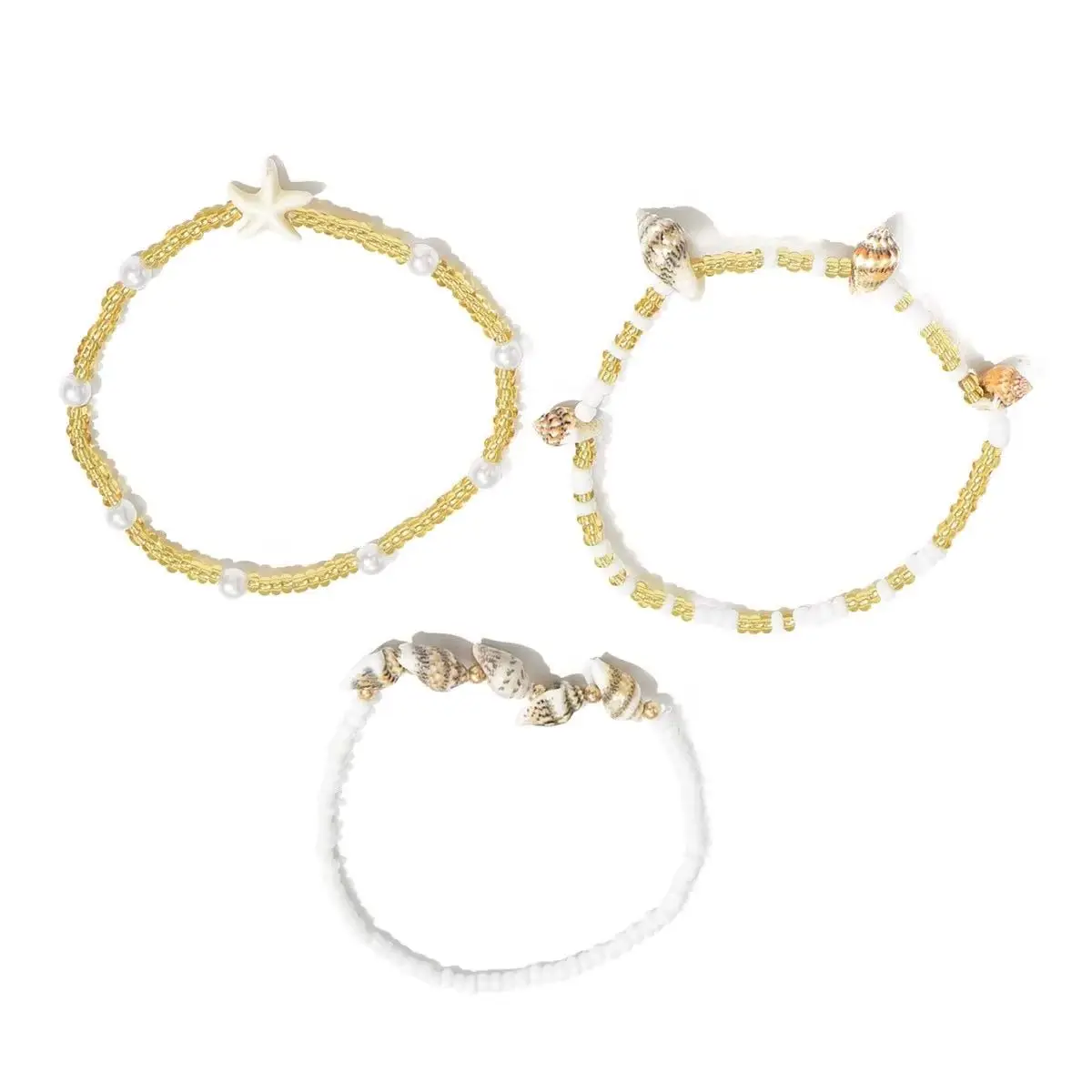 Cute Sea Star Shell Conch Pearl Anklets For Women 3pcs/Set Rice Beads Foot Chain Ankle Bracelet Beach Jewelry Summer Accessories