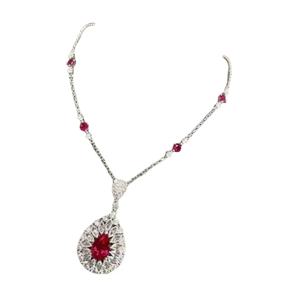 

ZOCA Vintage 925 Sterling Silver Red Pear Cut Sapphire High Carbon Diamond Gemstone Necklace Pendant Jewelry Anniversary Gifts