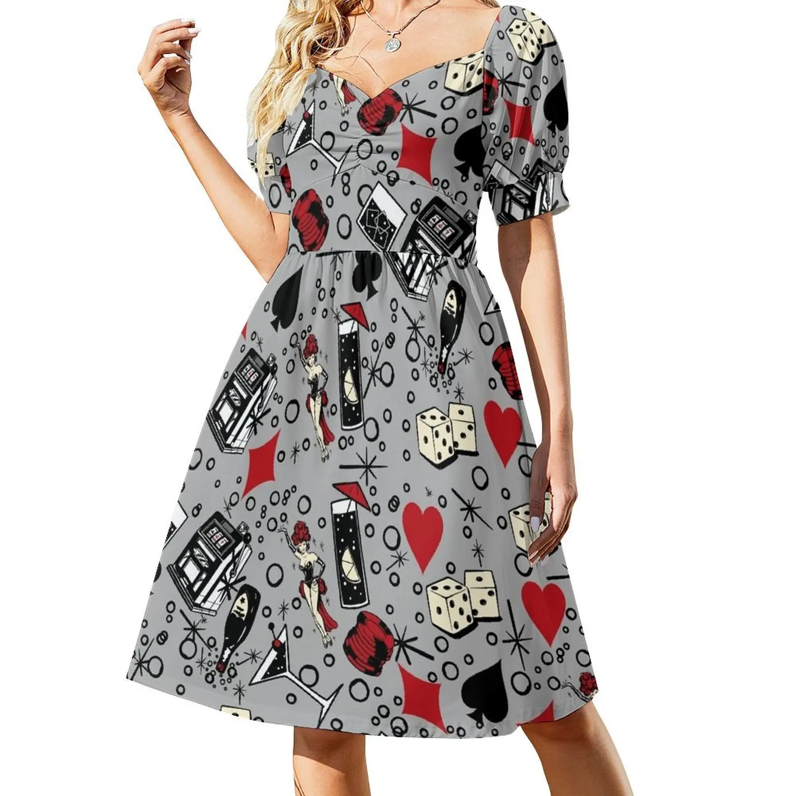 Viva Vegas Retro Casino Print - Red, Black and Gray Short Sleeved Dress Women dresses summer Bridesmaid dress woman Dress