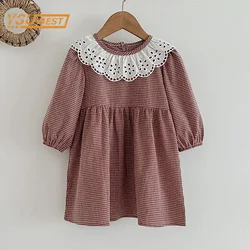 Spring Kids Baby Girls Long Sleeve Sweet Lace Collar Grid Princess Dress New Autumn Kids Baby Girls Dress Children Clothes Dress