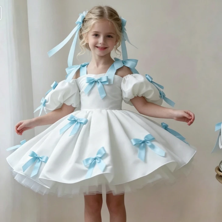

Girls Skirt 2026 Spring Summer New Childrens Clothes Girl Baby Fashion Sweet Gorgeous Bubble Sleeve Bow Princess Dress