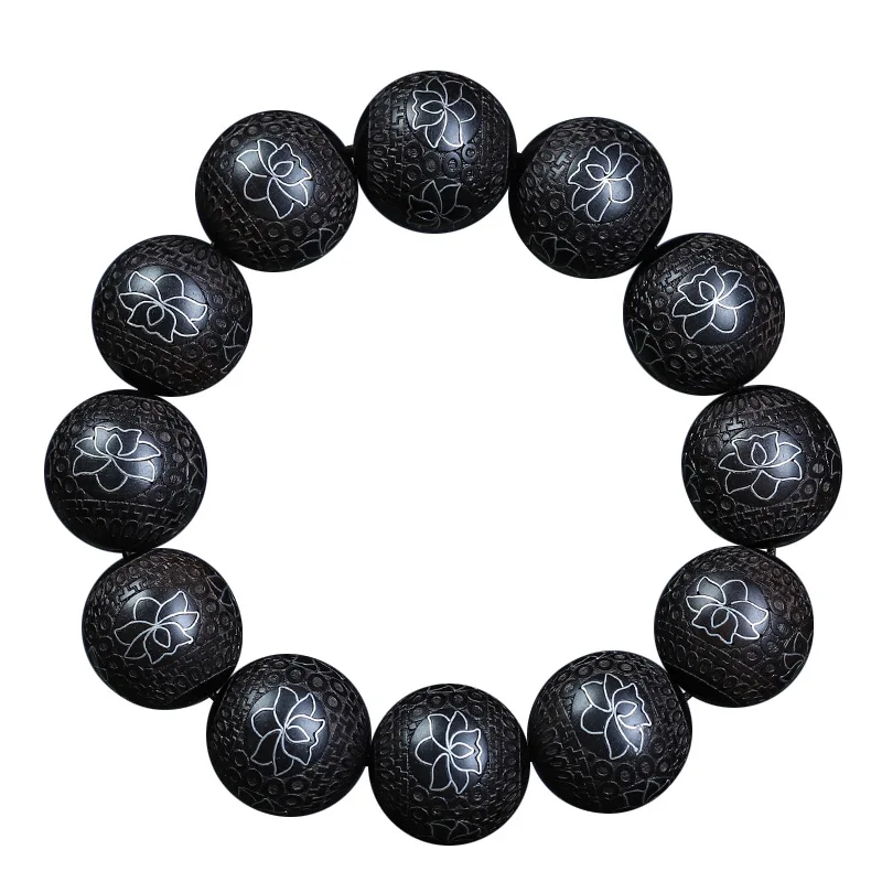 

Handmade Silver Wire Inlaid Ebony Rosewood Chinese Knot Auspicious Cloud Carved Bracelet DIY Prayer Beads Wrist Mala Gifts