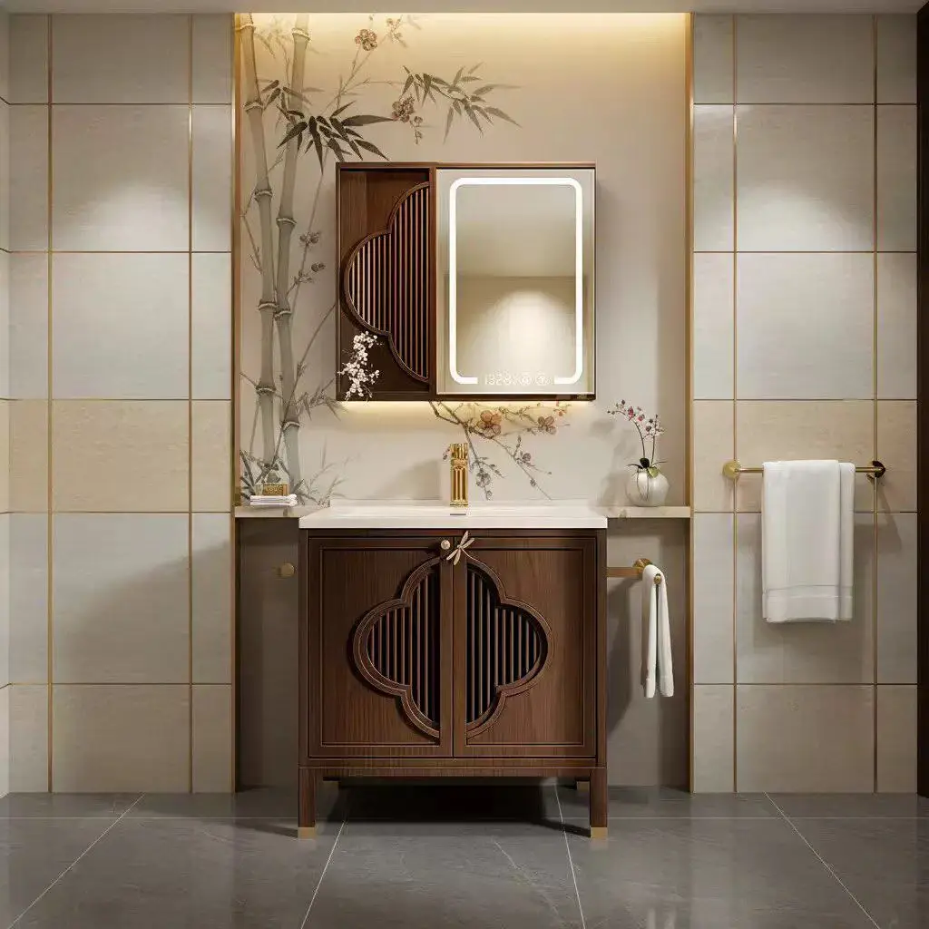 

Комбинированный шкаф для ванной из дуба с интегрированной керамической раковиной-умывальником