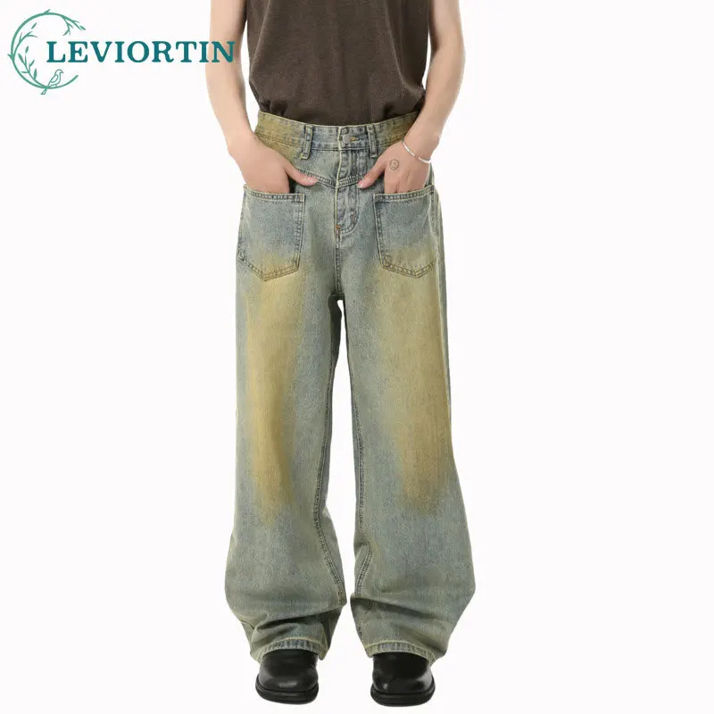

Men's clothing in all seasons niche personality design reverse wear vintage style wide leg straight leg washed denim jeans trend