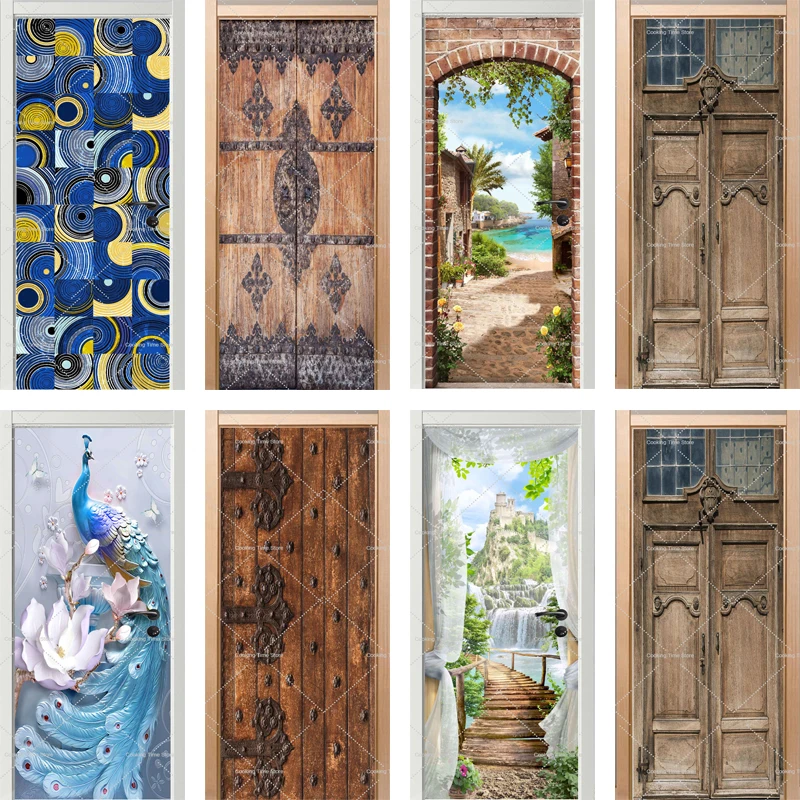 Pegatina de puerta 3D, papel tapiz Mural de pelar y pegar, calcomanía de pared de puerta de madera, póster extraíble autoadhesivo para decoración de dormitorio y sala de estar