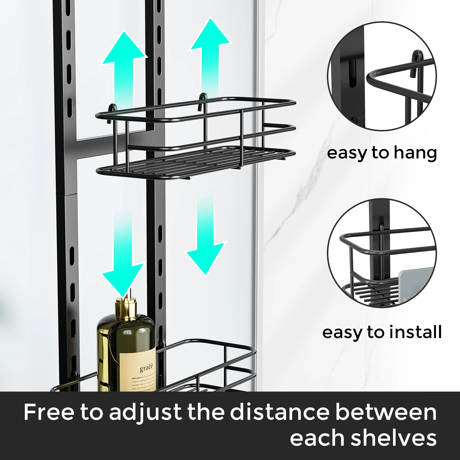 3 layers Waterproof Adjustable Metal Bathroom Shelf No Drilling Hanging on Door Storage Rack with Hooks Shower Rack Accessories