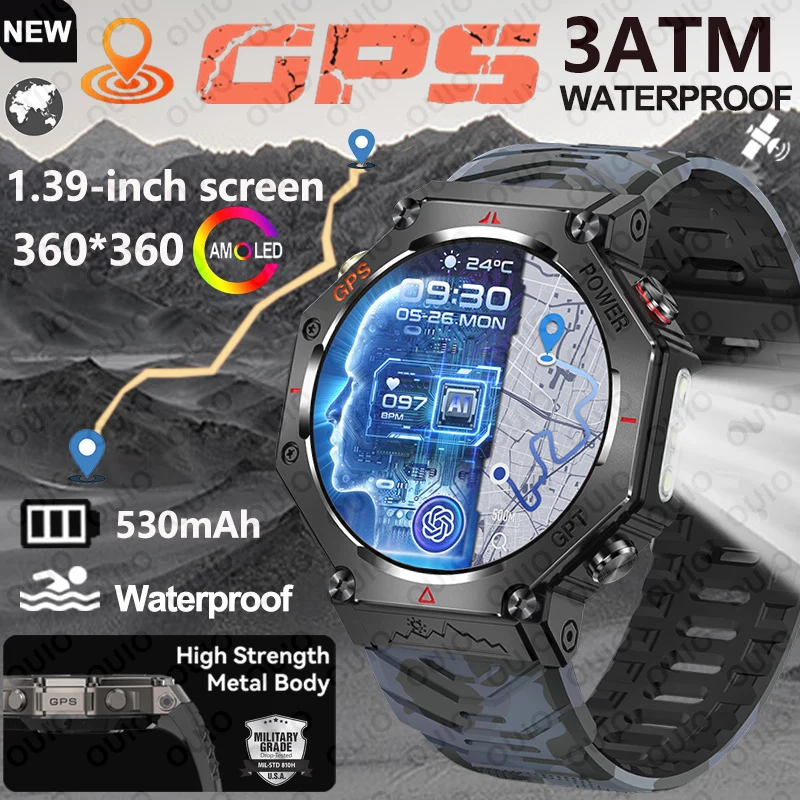 

Смарт-часы с GPS-позиционированием спутникового сигнала, фонарик, 1,39 дюйма, 3 атм, водонепроницаемые, мониторинг сна, Bluetooth-вызов, пульсометр, умные часы