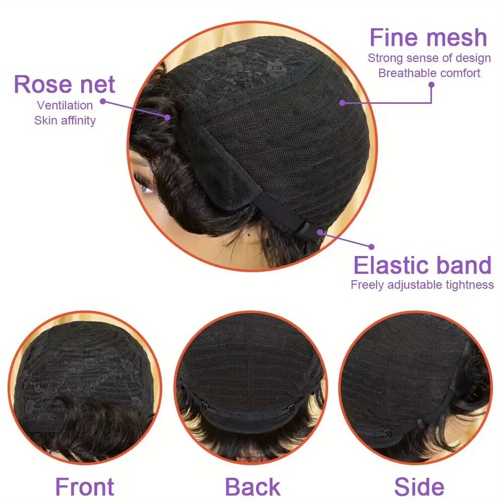 Kurze Pixie-Schnitt-Perücke, kurze schwarze, gewellte, geschichtete, kurze Echthaar-Perücken für Frauen, maschinell hergestellte Perücke