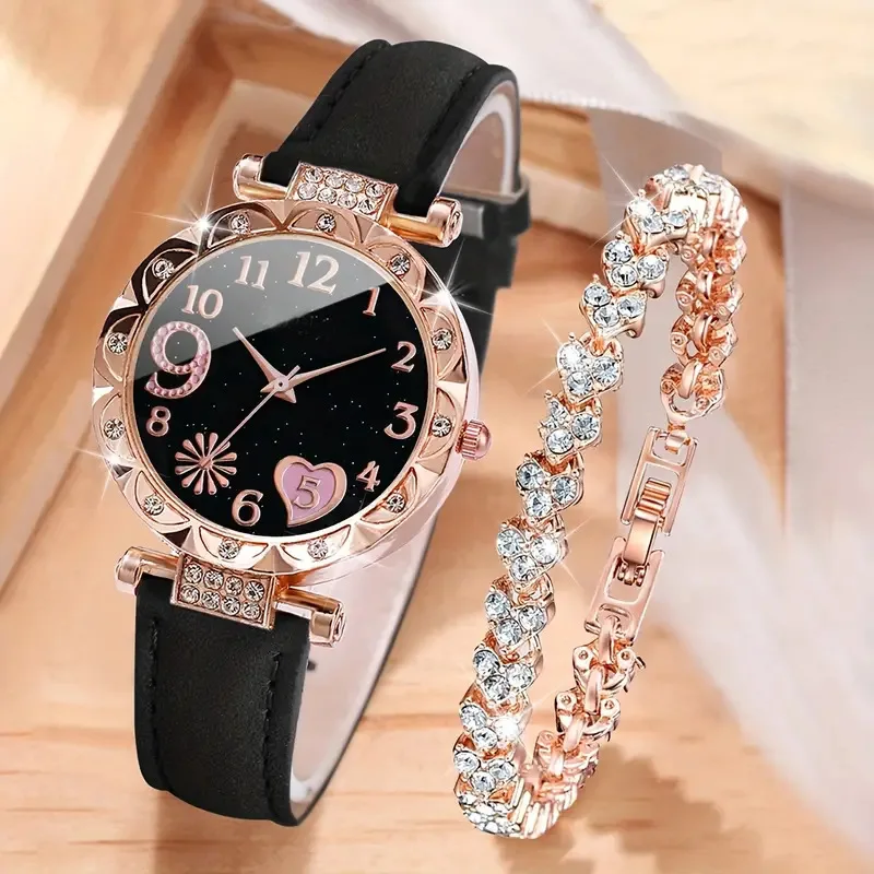 2/1 Uds. Relojes de mujer con esfera de corazón a la moda, reloj de cuarzo con banda de cuero de lujo, conjunto de pulsera con diamantes de imitación, reloj femenino