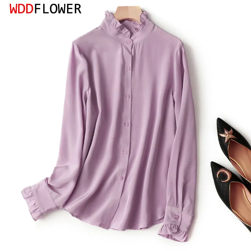 Women Silk Shirt 100% Mulberry Silk Crepe Silk Solid Color Purple Long Sleeve Blouse Top Office Work M L XL FF016