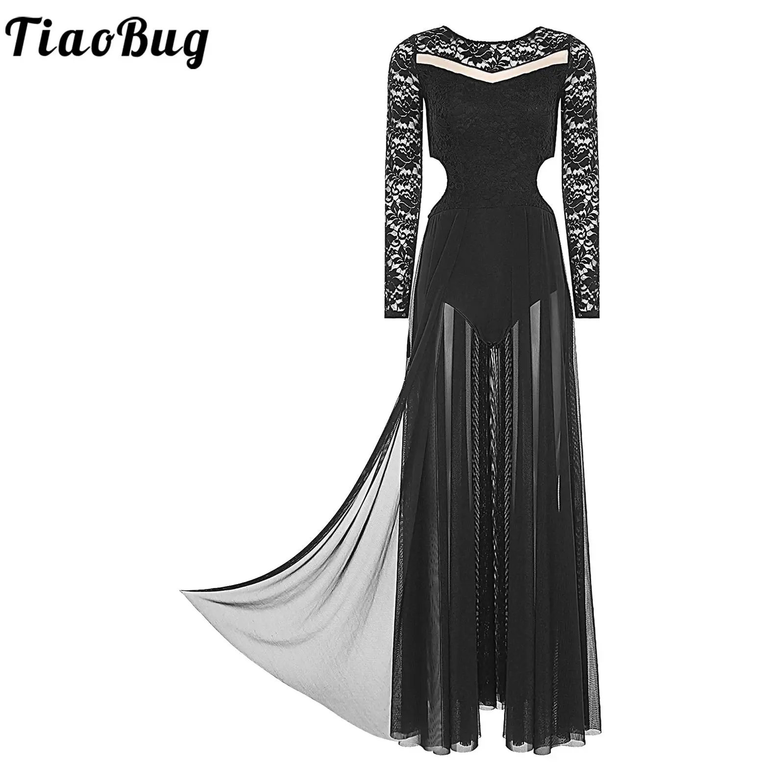 

Women Gymnastic Lyrical Dance Costume Ballet Floral Lace Long Sleeve Cut-Out Flowy Mesh Skirted Bodysuit Dress for Dance Events