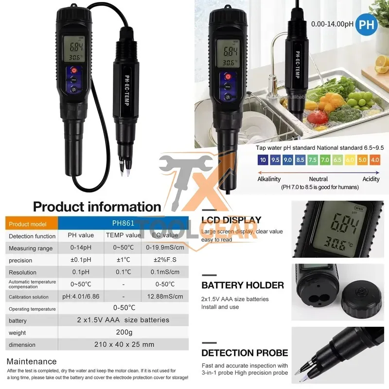 2026hotsale* PH-86L Multifunctional Detector 3 in 1 PH EC Temperature Meter Digital Electronic Portable PH Tester for