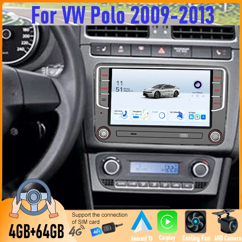 

7'' Android Car Stereo For VW Polo 2009-2013 6+128GB Wireless Apple CarPlay Android Auto GPS Navi Head Unit Canbus BT FM Camera