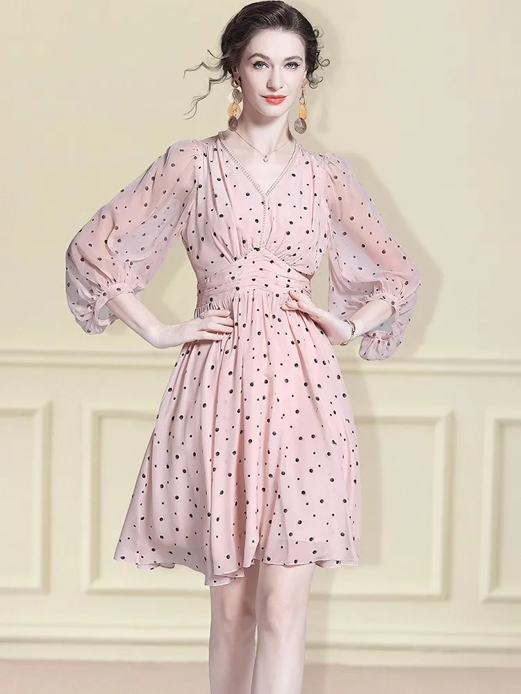 2025 여름 비치 플로럴 실크 미디 드레스 여성 빈티지 보헤미안 블랙 도트 패션 캐주얼 라이트 프롬 우아한 럭셔리 페스티벌 베스티도스