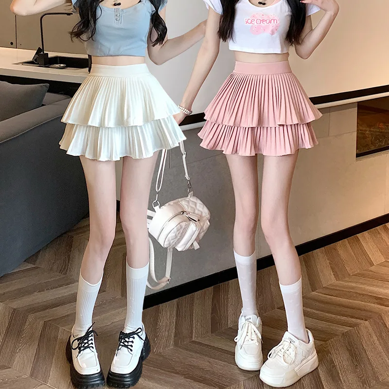 2024 Hot Selling Spring/Summer Girls' Style Solid Color Short Skirt Double Layer Cake Pleated Skirt High Waist Small Body Short