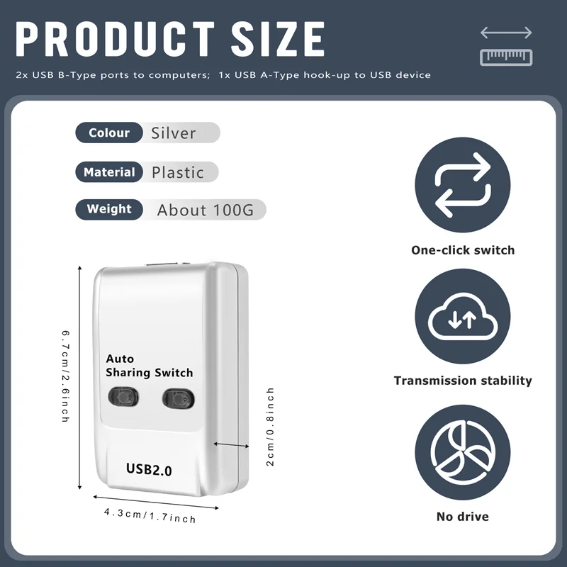 FJGEAR USB 2,0 interruptor de compartir automático adaptador HUB de 2 puertos conmutador para 2 dispositivos de interruptor USB de impresora de PC compatibles con Windows-N35R