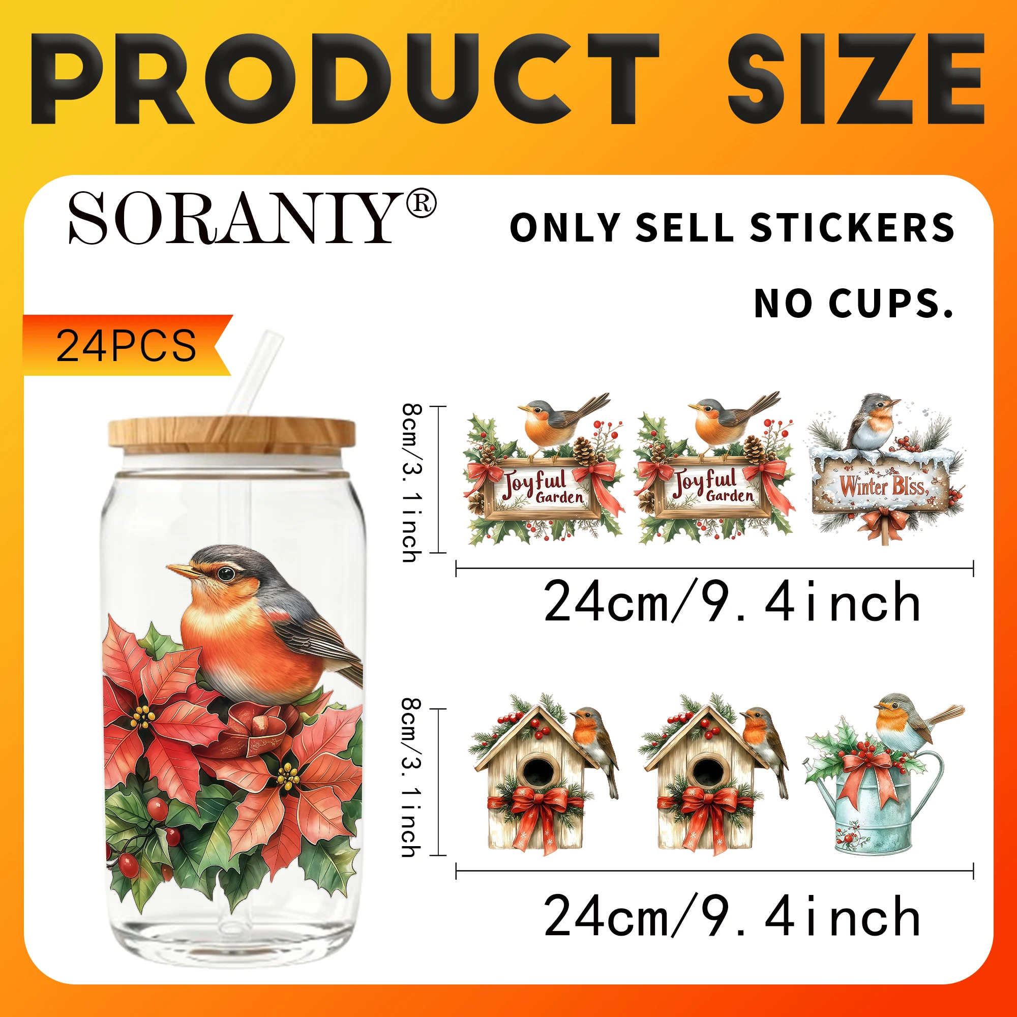 24PCS/Set Garden Winter Robin Bird Floral Themed UV DTF 16OZ DIY Transfer Paper Set Golden Text Used For 16oz Water Bottles Glas