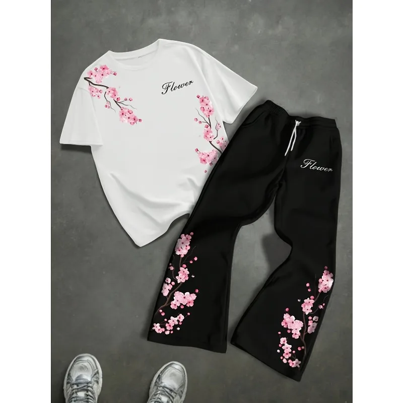 Flower Leisure Set with Diagonal Pink Plum Blossom Print Short Sleeved High Waisted Drawstring Wide Leg Pants Set