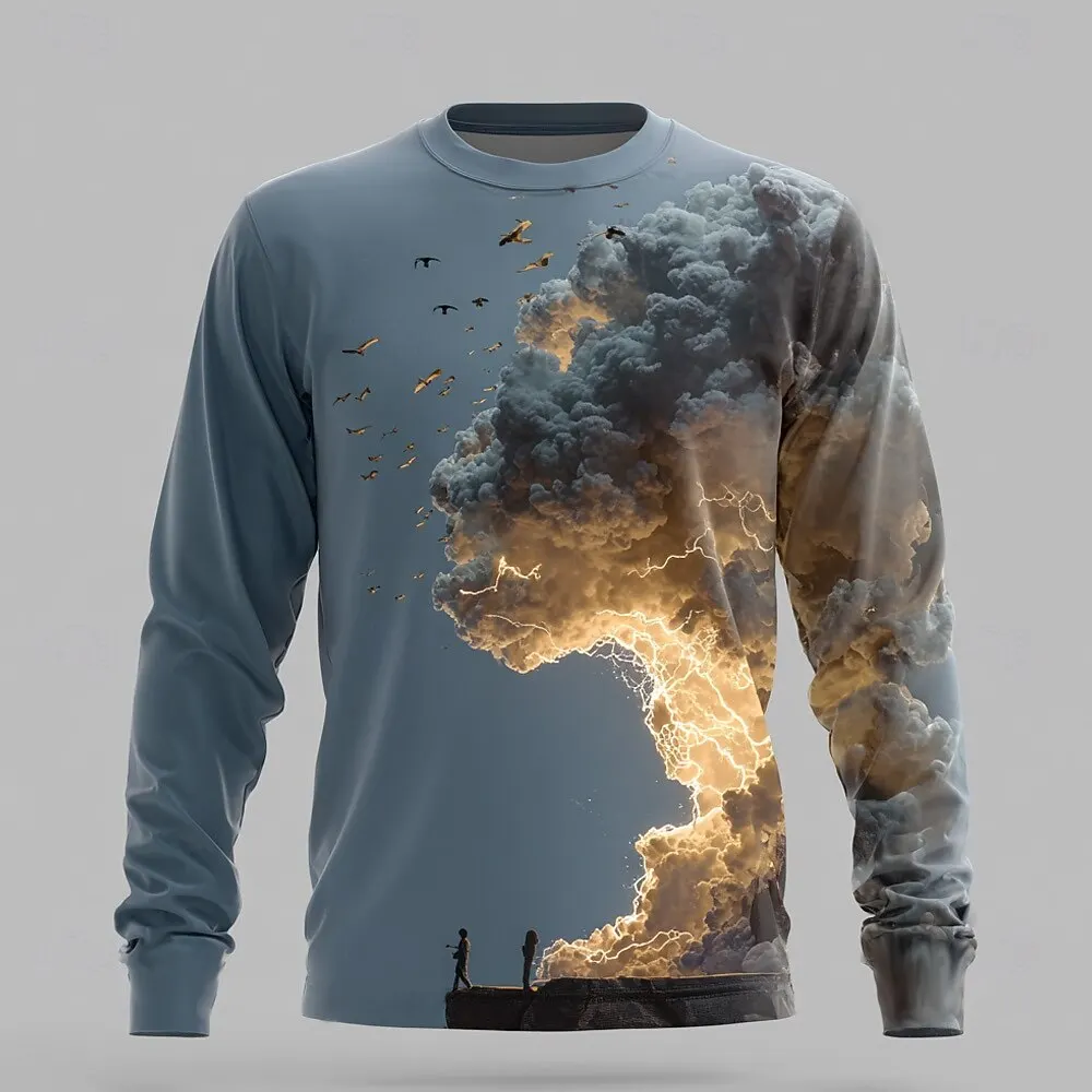 

3D Print Cloud Bird Pattern Long Sleeve T-Shirts Men's Round Neck Casual Comfortable Tops Outdoor Street Loose Quick Dry Clothes