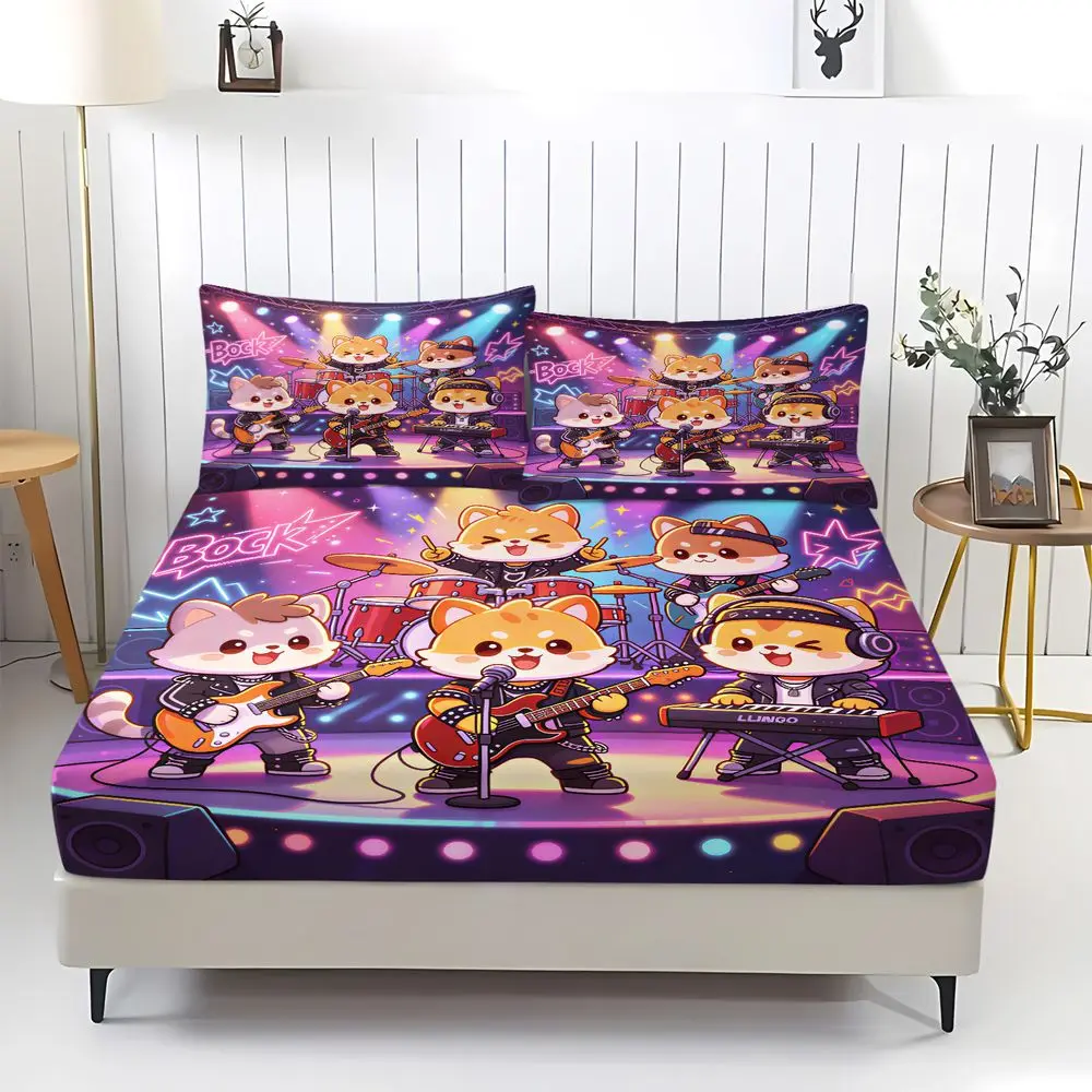 Rock Band Shiba Digital Print Fitted Sheet Set Bed Sheet Set Bedding Set No Fillers Music Themed Teen Bedroom Bedding Decor