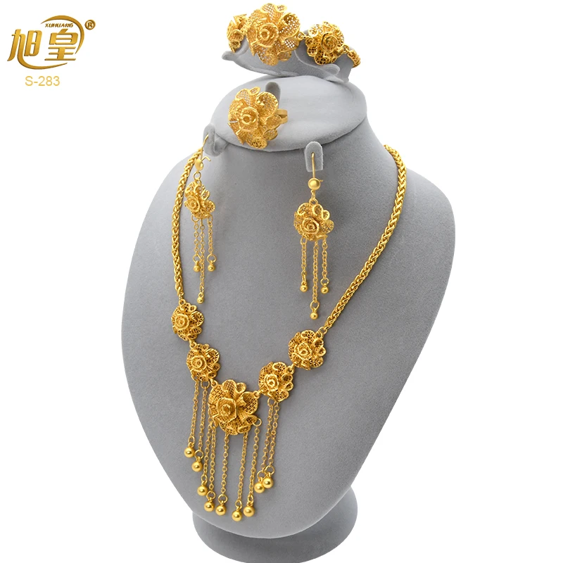 

XUHUANG Nigerian Bridal Wedding Jewelry Set Necklace Earring Bracelet For Women Indian African Luxury Plated Jewellery Wholesale