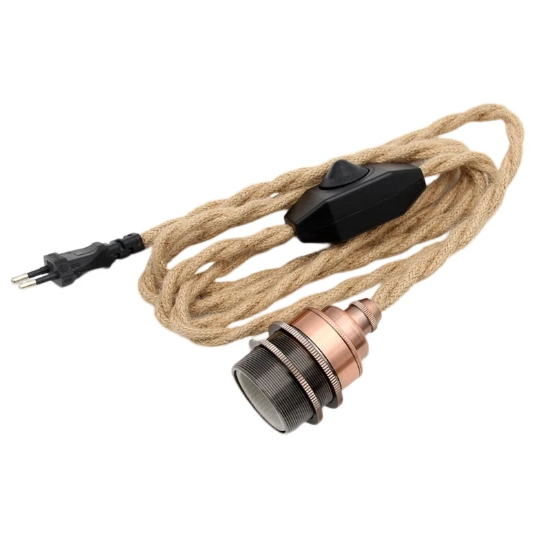 AC 220V EU Plug Hemp Rope Power Cord with Dimmer Switch  E27 Brass Bulb Lamp Base Holder