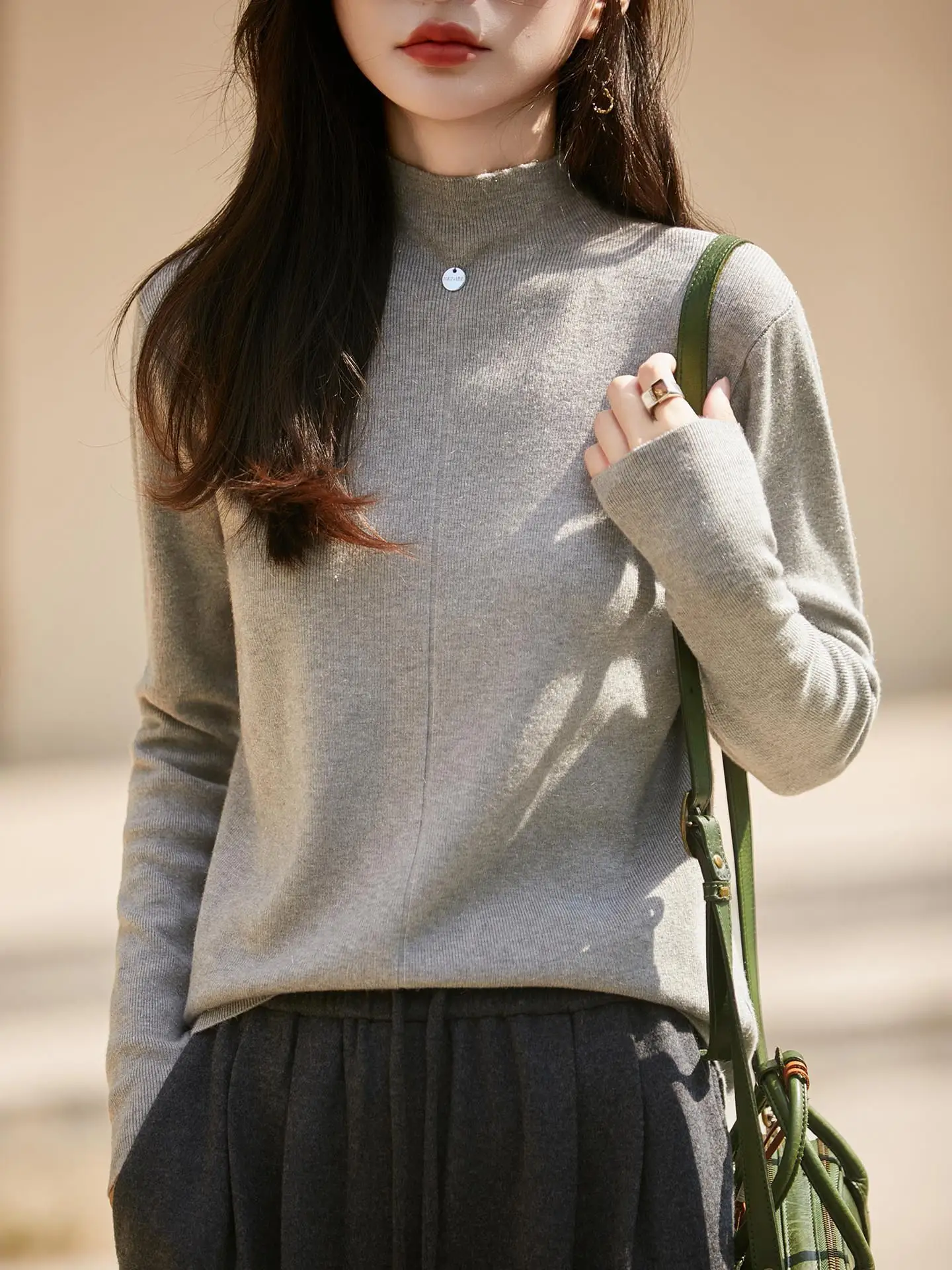 Shiny Half High Neck Knitted Sweater Women's Base Layer Long Sleeve Grey System Slimming French Style Soft Polyester Fleece