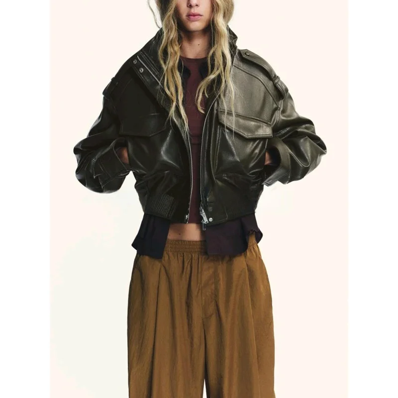 New Autumn Women's Motorcycle Sle ort Coat Long Sve PU Leather Simulation Stand Collar Jaet Faionable And Sli