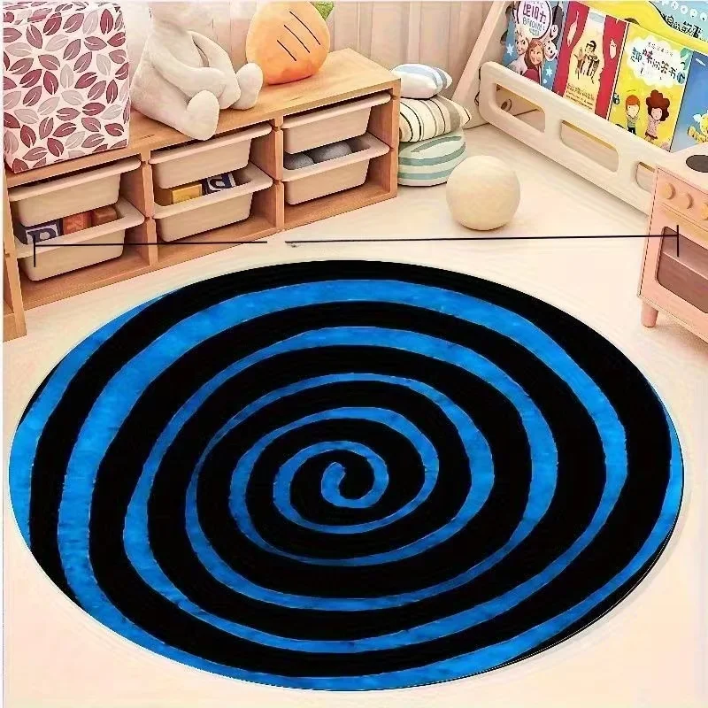 Blue Black Spiral Optical Illusion Round Rug Vortex Geometric Print Non Slip Circular Floor Mat for Gaming Room Bedroom