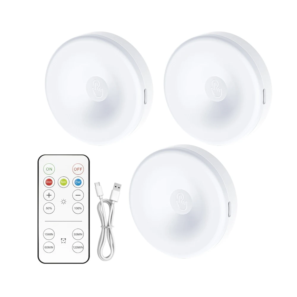 USB Rechargeable 12 Leds Puck Light 65MM Closet Night Lamp Touch Sensor&Remote Controller&Timer Bedroom,Foyer 3000/4500/6500K