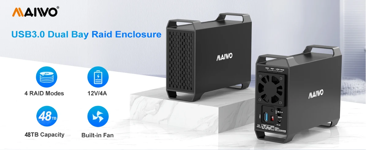 MAIWO 2-Bay-Raid-Gehäuse für 3,5-Zoll-SATA-Festplatten mit 4 Raid-Modi USB3.0-Festplattenadapter für 48TB Kapazität mit Kühlventilator – Detail 3