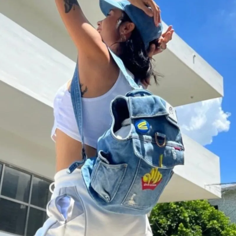 

JIAERDI Hot Girl Denim Retro Backpack Women French Fries Large Capacity Daypack Ladies Creative Unique Versatile Mochilas Mujer