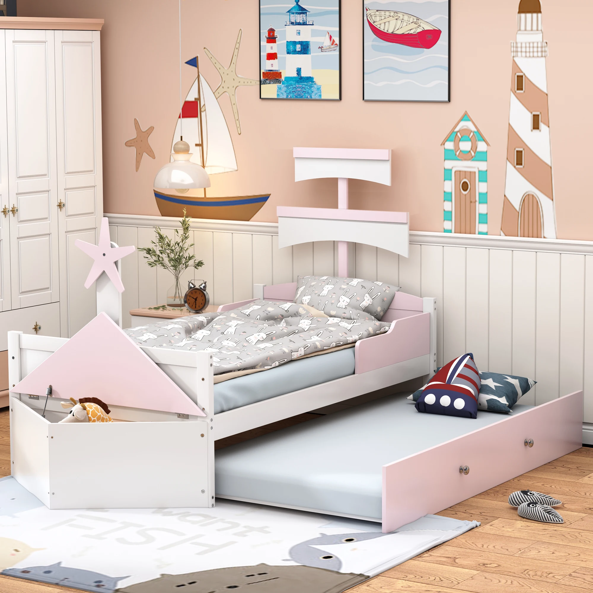 Wood 90*200 children bed sailboat shape with pull-out bed storage cabinet at the end of the bed single bed Children bed pink