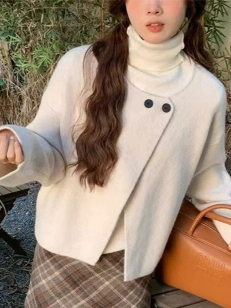 

Korean Sle Knitted Open Cardigan Women's Autumn Winter Slimming Versatile Sweater Jaet Design Sensation Two Button Lazy S...