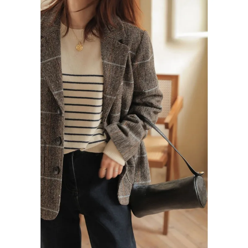 Vintage commuter stripe round neck cashmere sweater for women spring and autumn loose jumper temperament wool base sweater