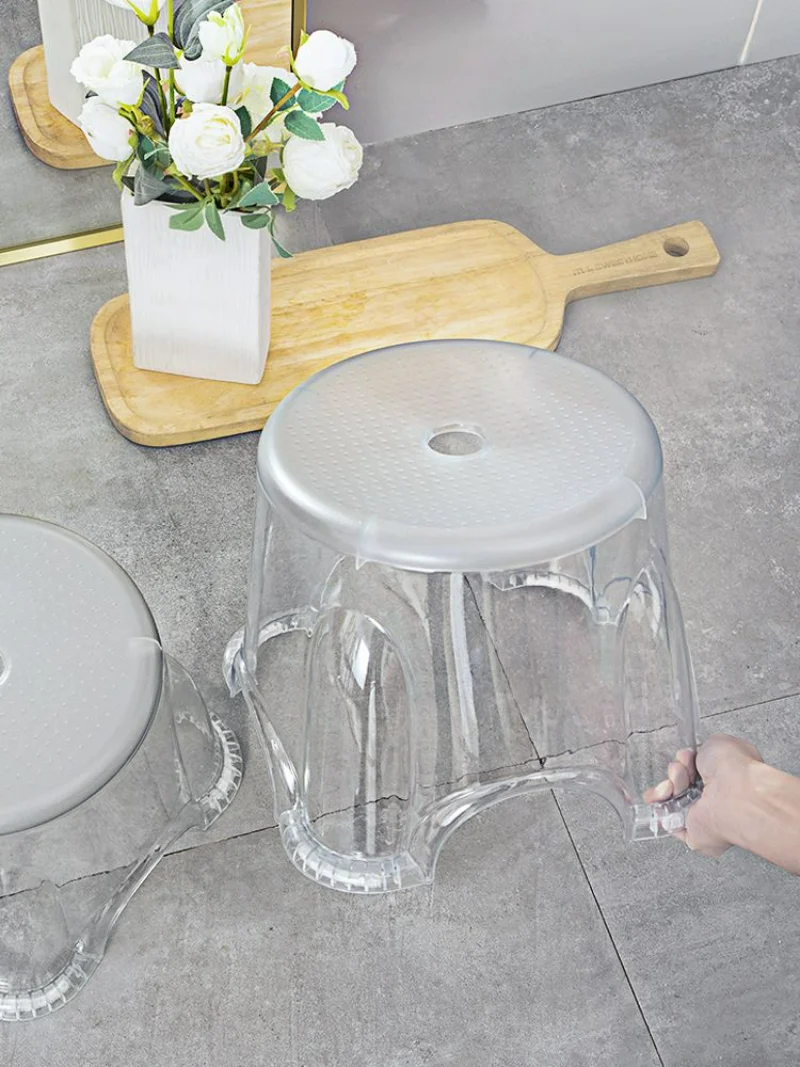 Transparent Small Stool Plastic Bench Household Stools Thickened Round Stools Non-slip Foot Stool Bath Bathroom Ottoman Pouf