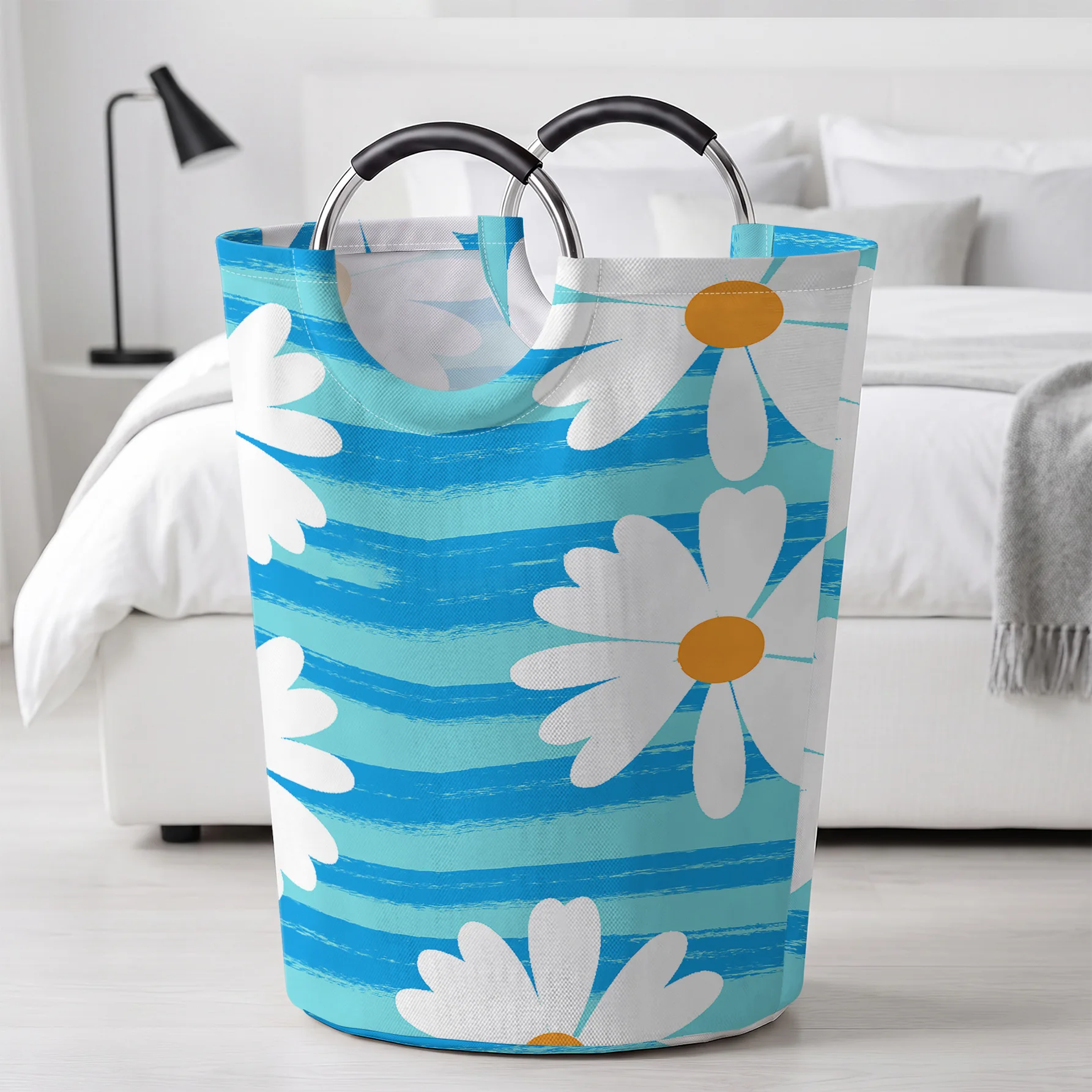 Blue Striped White Daisy All‑Over Print Handheld Storage Basket, For Laundry, Bedroom & Home Sundries Storage