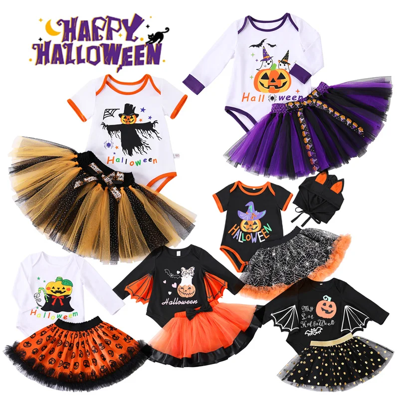 0-2Y New Cosplay Halloween Toddler Baby Kid Pumpkin Print Sleeveless Romper Jumpsuits Tops+Hats Baby Clothes 2PCS Costumes