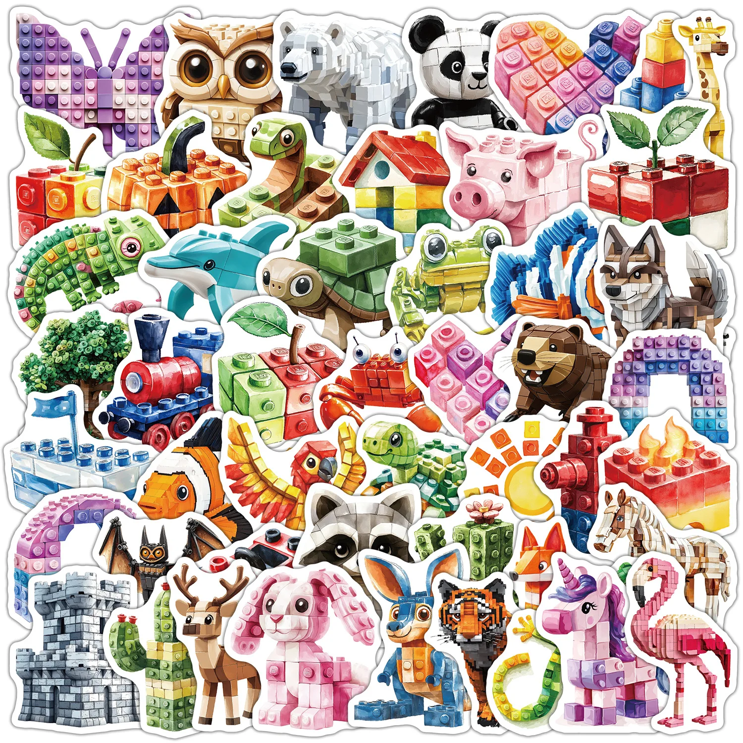 50 PCS Cartoon Building Block Animal Toy Fun Graffiti Stickers Decorate Guitar Scrapbook Luggage Vase Removable Decals