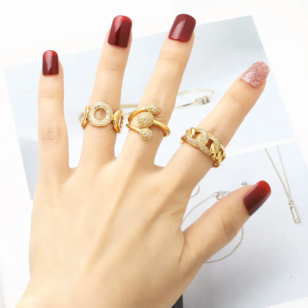 OCESRIO Fashion White Crystal Ball Statement Rings for Women Copper Gold Plated Connect Chain Ring Women Jewelry righ15
