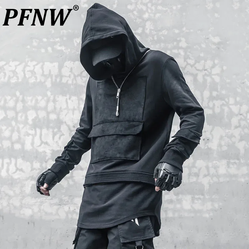 

PFNW Dark Style Men's Hoodies Hooded Patchwork Pullover Tops Solid Color Loose Male Sweatshirts Personality New 2024 12C701