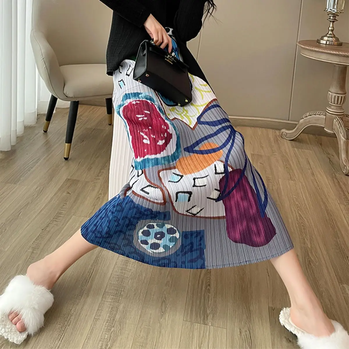 

Skirts Women Printing Vintage Folds Summer Personality High Waist All-match Fashion Ulzzang Vacation Casual Korean Style