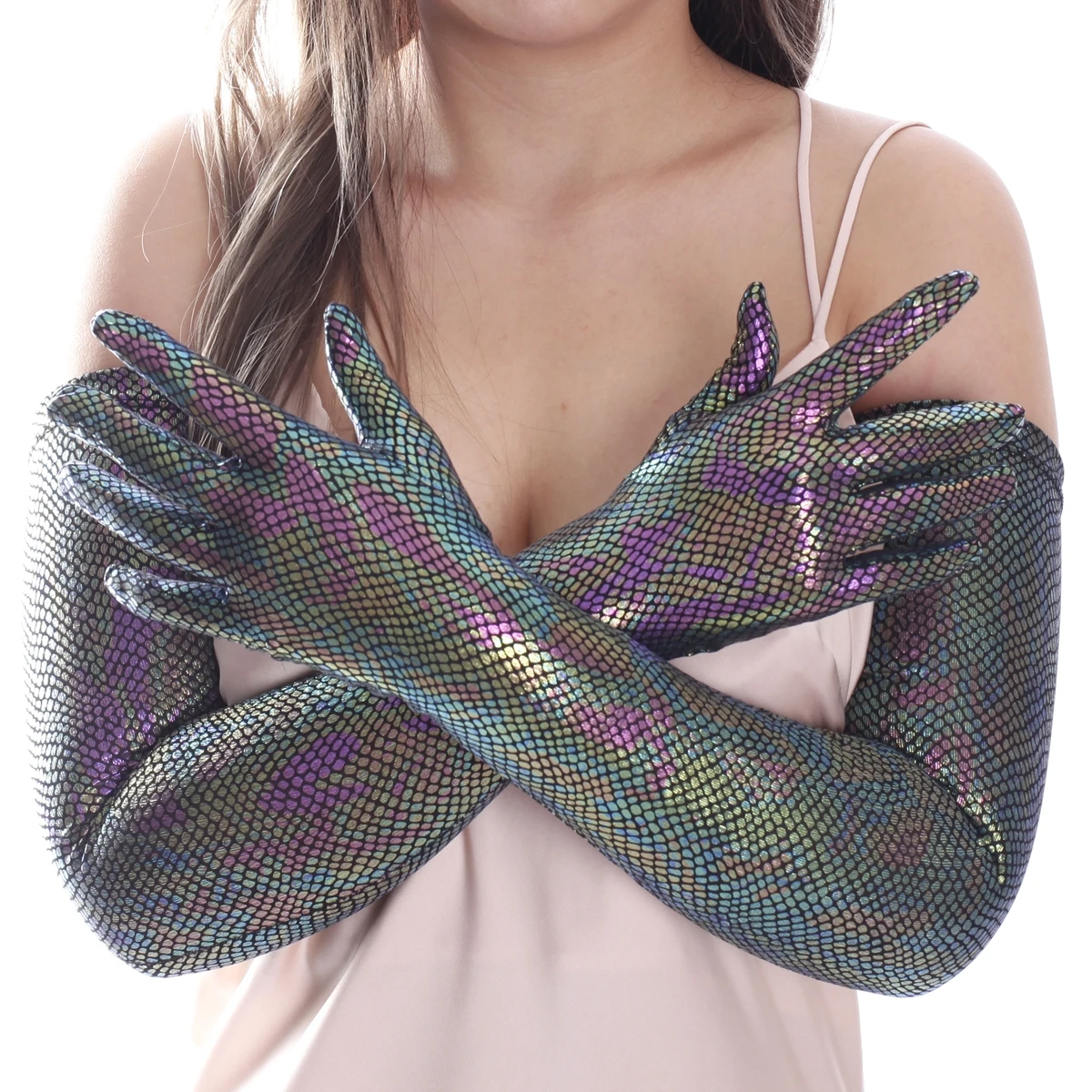 Ftshist-guantes forrados con estampado de piel de serpiente, manoplas largas de 70cm, codo elástico, Color metálico brillante, accesorios de escamas