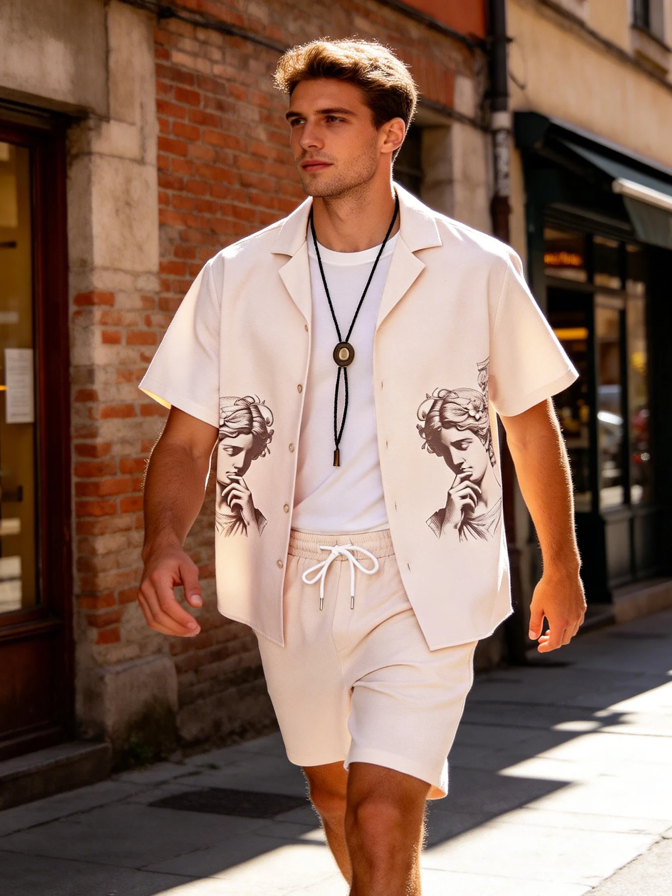 Conjunto de Dos Piezas para Hombre, Camisa de Manga Corta con Cuello Cubano Beige Claro y Pantalones Cortos, Estampado Retro con Retrato Escultórico, Atuendo Casual de Verano, Conjunto Completo Moderno para Hombre