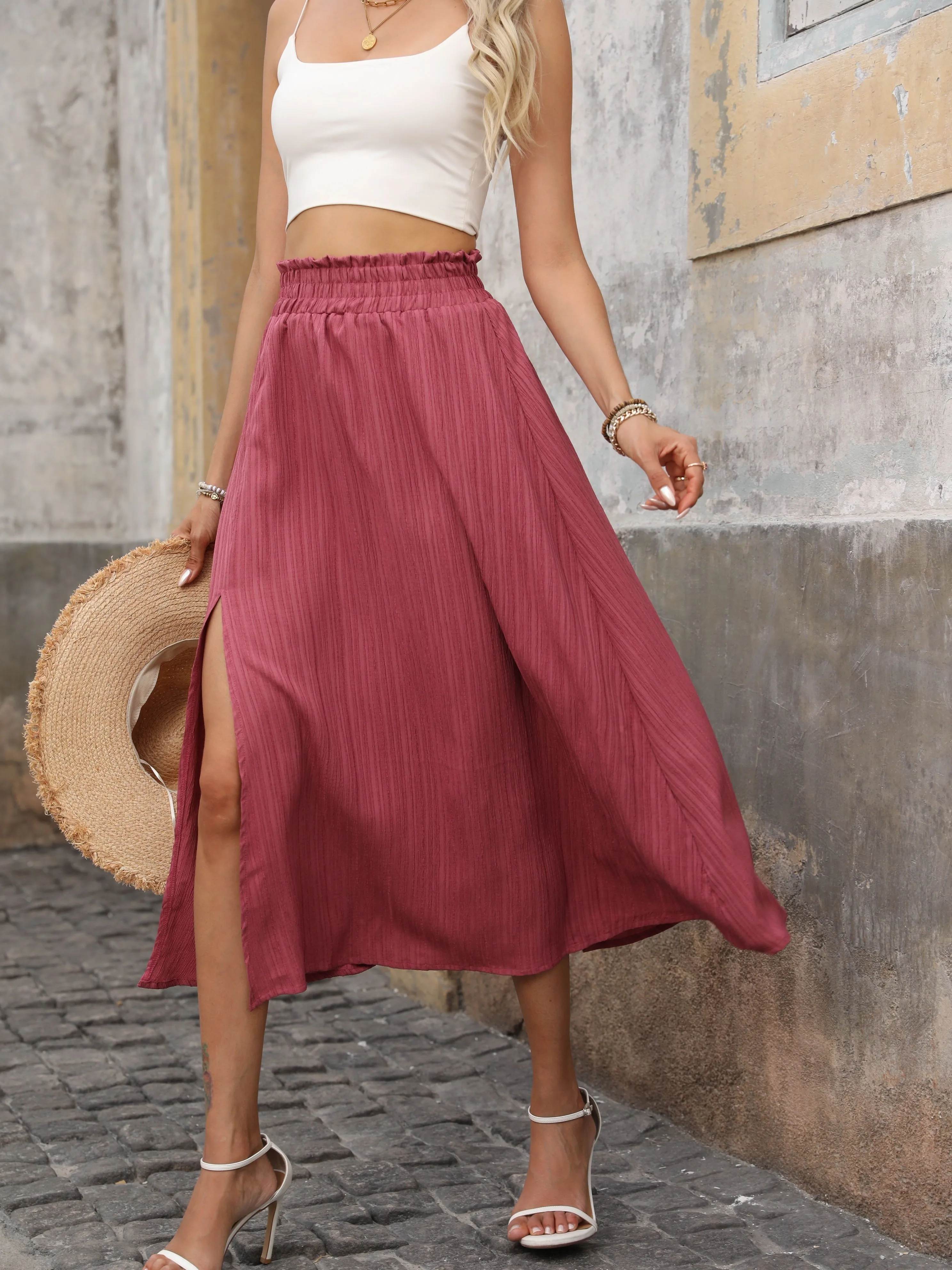 Women's fashionable and elegant pleated slit solid color half skirt