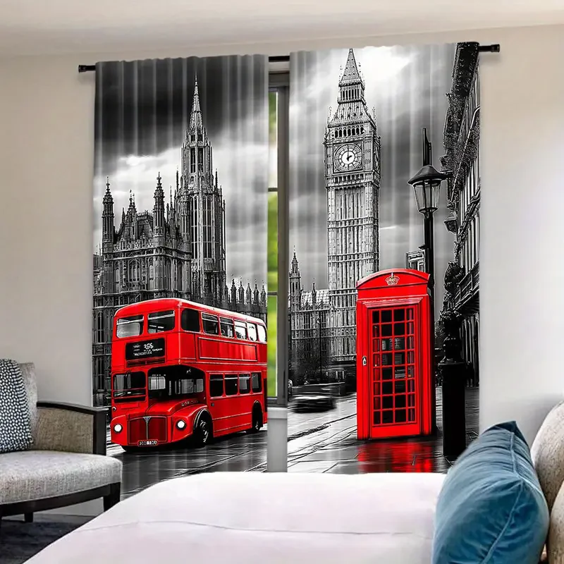 2pcs- Retro British street scene printed curtains, pole bag curtains, bedroom and living room, home decoration, room decoration