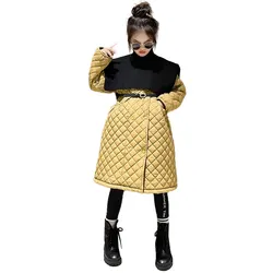 Winter Teen Girls Long Style Solid Color Plaid Parkas Double-Breasted Coats with High Collar Knitwear Tippet Fashion Outerwear